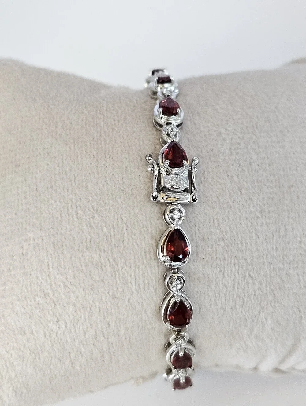 Genuine Garnet & White Zircon Tennis Bracelet Sterling Silver Rhodium 7